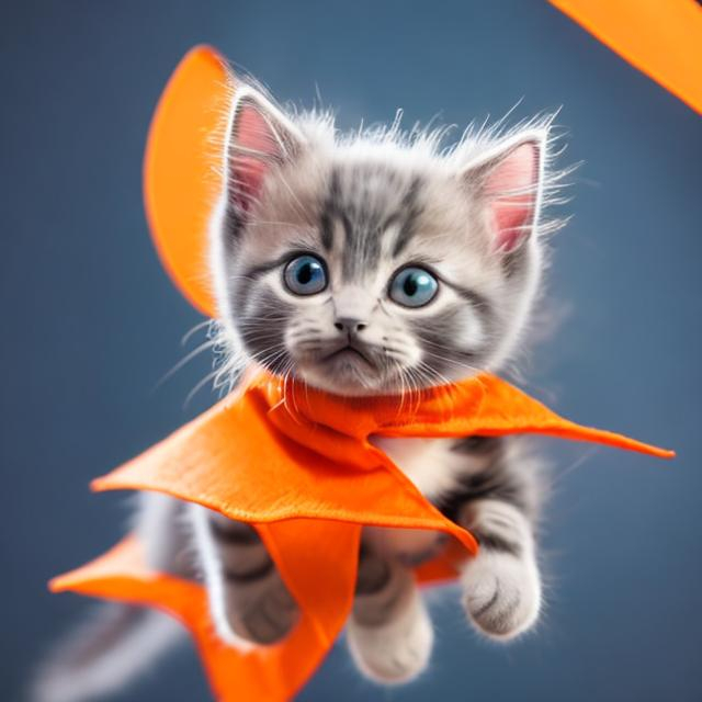 Prompt: a cartoon gray kitten with whit strips and a orange cape on
flying 