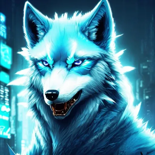 Prompt: High-quality digital artwork of a futuristic light blue wolf with blue highlights, detailed fur with metallic reflections, intense and focused gaze, sci-fi, cyberpunk, cool tones, futuristic, detailed eyes, sleek design, professional, atmospheric lighting
