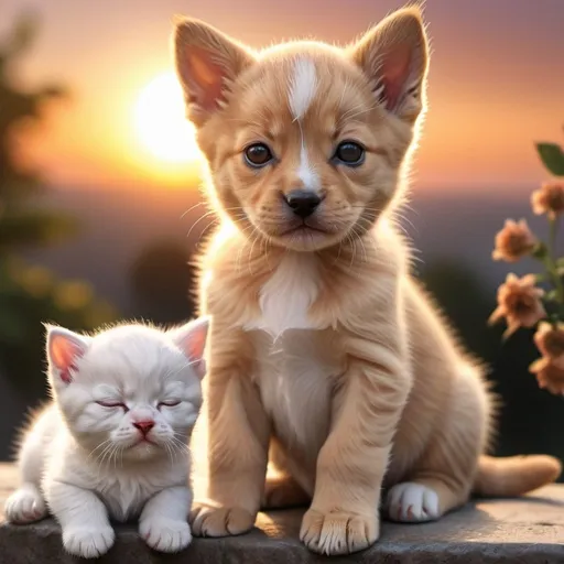 Prompt: (cute kitten) siting beside (cute sleepy puppy) detailed hyper realistic sun set in background