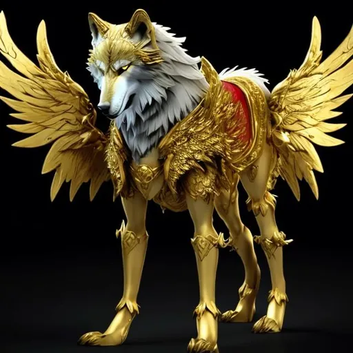 Prompt: a gold wolf with gold hock wings and a glowing red chest and some red on its tale