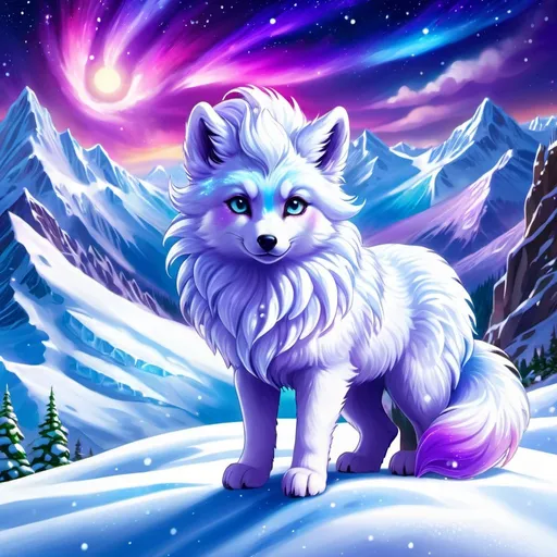 Prompt: {Alolan Vulpix}, Alaskan wolf, gleaming hypnotic {amethyst purple eyes}, frost, ice element, detailed artwork, epic photograph, beautiful oil painting, 64k, detailed background, cosmic auroras, deep starry sky, lush cliffside, snowy mountain peaks, brilliant night sky, big purple ears, mischievous, vivid colors, glowing ice aura, snow princess, timid, bashful rosy cheeks, thick billowing mane, intricately detailed fur, beautiful detailed eyes, golden ratio, perfect proportions, vibrant, hyper detailed, complementary colors, UHD, beautiful detailed background
