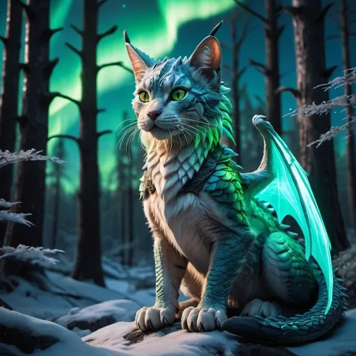 Prompt: wild cat dragon warrior siting in hyper realistic fantasy forest future seen with northern lights above the wild cat warrior the wild cat dragon has two dragon wings cute detailed