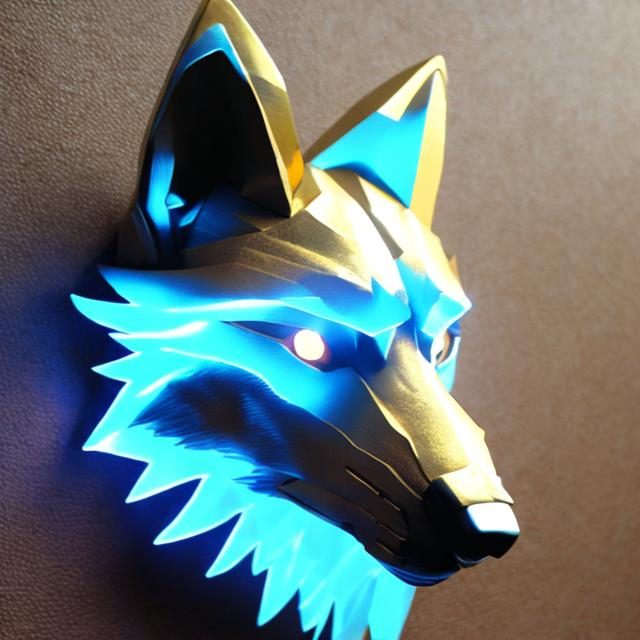 Prompt: bright gold sci fi wolf head with accents of light blue