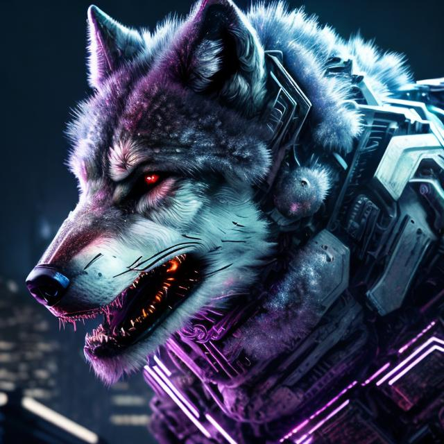 Prompt: High-res, ultra-detailed, futuristic sci-fi illustration of a majestic wolf, sleek metallic fur with subtle purple accents, cybernetic enhancements, intense and intelligent gaze, advanced technology integrated into the environment, cool-toned lighting, cyberpunk, futuristic, detailed eyes, professional, atmospheric lighting