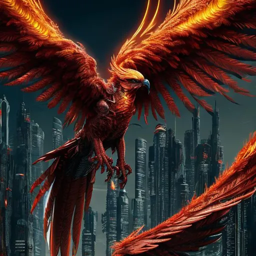 Prompt: High-res, ultra-detailed, sci-fi red Phoenix, humanoid, sleek and streamlined design, intricate black accents, majestic wingspan, intense fiery gaze, futuristic setting, vibrant red tones, atmospheric lighting, detailed feathers, professional, digital art, cyberpunk, futuristic, intense, fiery eyes, futuristic cityscape, detailed plumage, dramatic lighting