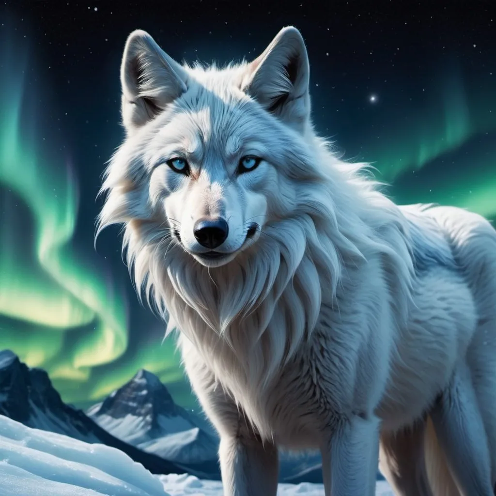 Prompt: ice element dark blue wolf with some light blue mixed in, {alolan Ninetales}, wolf, maned wolf, kitsune, ice element, detailed artwork, portrait, glistening ice blue mixed in with its fur, 8k, detailed background, auroras, brilliant night sky, mischievous, thick billowing mane, hyper realism, realistic, hyper realistic with the northern lights in the sky no orang
