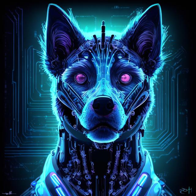 Prompt: Detailed sci-fi illustration of a dark blue dog accents of light blue, futuristic setting, glowing neon lights, detailed fur with cool reflections, intense and focused gaze, high-tech cybernetic enhancements, best quality, highres, ultra-detailed, sci-fi, futuristic, detailed fur, intense gaze, cybernetic enhancements, cool tones, atmospheric lighting