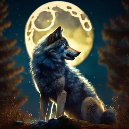 Prompt: wolf cub howling at the moon,with accents of blue shiny golden fur, enchanting moonlight, mystical forest background, high quality, detailed fur, magical, atmospheric lighting, haunting, golden tones, mysterious ambiance, serene