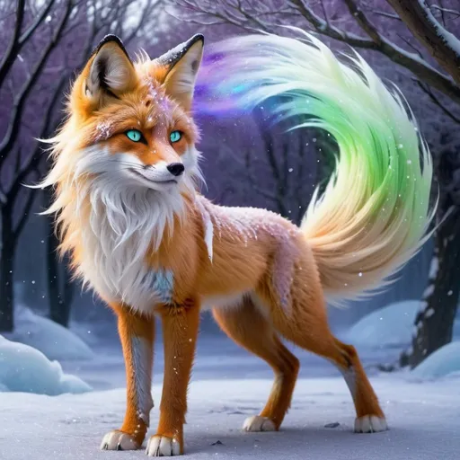 Prompt: ice elemental fox, feral vixen, kitsune, nine-tailed fox, snowy lilac fur, bright rainbow green aurora eyes, periwinkle purple ears, frost, falling snow, shattered ice, soft moonlight,stunning youthful vixen, gazing at viewer, gorgeous, muscular forelegs, flowing aurora hair, athletic, agile, small but absurdly powerful, enchanting, timid
