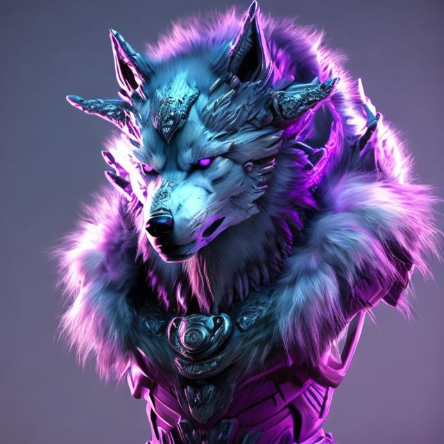 Prompt: Sci-fi 3-headed man-wolf with purple and light blue accents, ultra-detailed fur, futuristic setting, otherworldly glow, high-quality 3D rendering, sci-fi, futuristic, detailed fur, triple heads, purple and lime accents, otherworldly glow, highres, 3D rendering