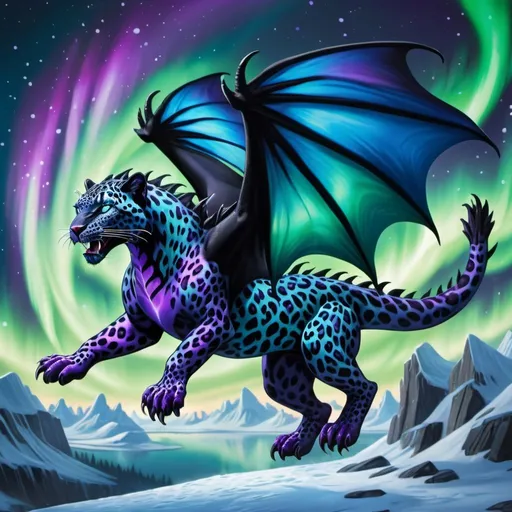 Prompt: black and blue leopard riding a green and purple fire dragon with some fire and northern lights detailed hyper realistic the black and blue leopard and the dragon are in the sky the ice dragon has wings and a dragon tail make sure it has two dragon wings and one tail the black and blue  leopard is riding the dragon there should be no red orange or yellow. northern lights in the sky

