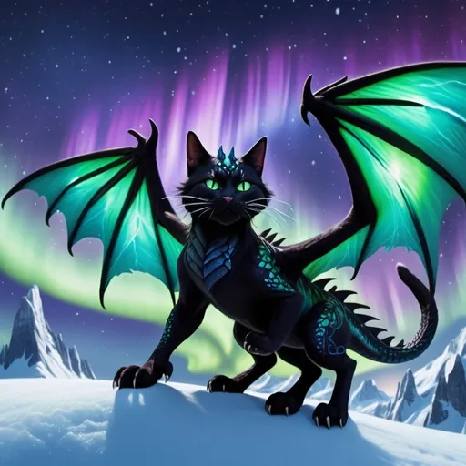 Prompt: black and blue cat riding a green and purple fire dragon with some fire and northern lights detailed hyper realistic the black and blue cat and the dragon are in the sky the ice dragon has wings and a dragon tail make sure it has two dragon wings and one tail the black and blue cat is riding the dragon there should be no red orange or yellow. northern lights in the sky
