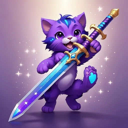 Prompt: a purple and blue sword  with stars on it       getting grabbed by a purple paw