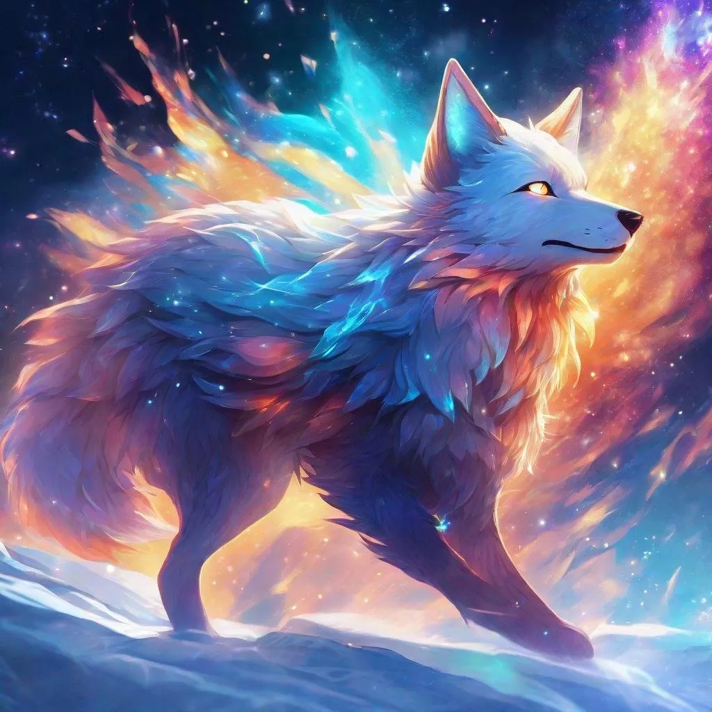 Prompt: Colorful translucent kyūbi no kitsune, glowing, nebula, glitter, den beneath the stars, bioluminescent, best quality, highres, concept art shattered ice fire in the ski