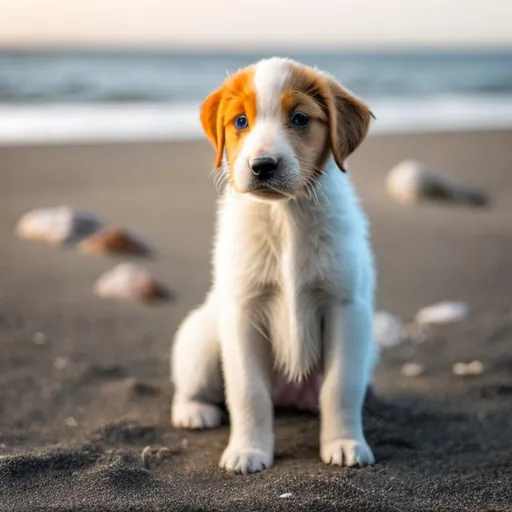 Prompt: a puppy on the shore of a beach