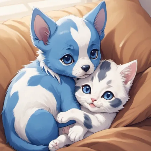 Prompt: a puppy and a kitten both blue and white they are snugging anime