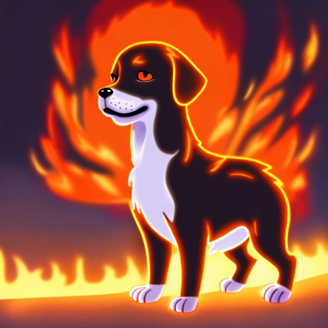 Prompt: a glowing fire dog baby anime