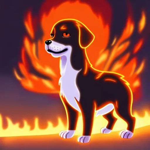 Prompt: a glowing fire dog baby anime