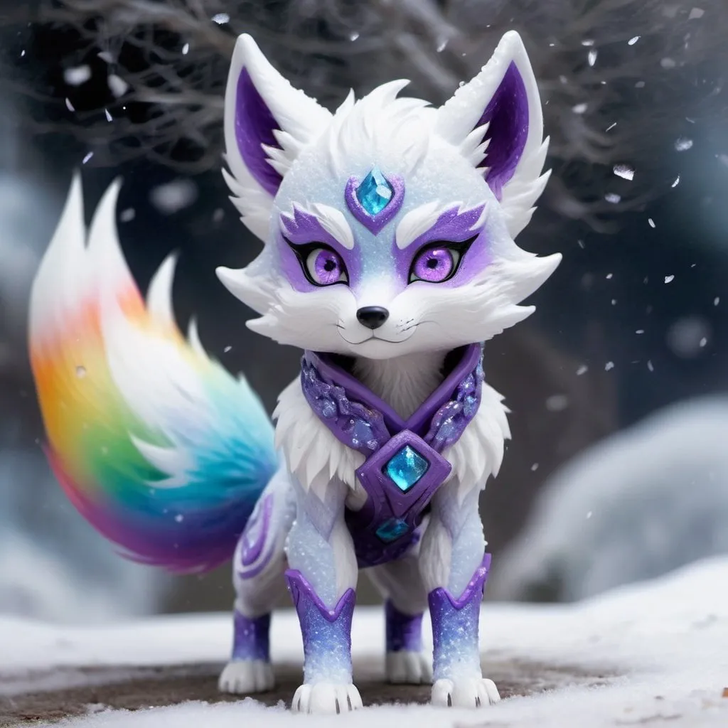 Prompt: ice elemental ninja fox, feral fox, kitsune, nine-tailed fox, snowy lilac fur, bright rainbow purple aurora eyes, periwinkle purple ears, frost, falling snow, shattered ice, soft moonlight,stunning youthful vixen, gazing at viewer, gorgeous, muscular forelegs, athletic, agile, small but absurdly powerful, enchanting, timid
ninja fox
