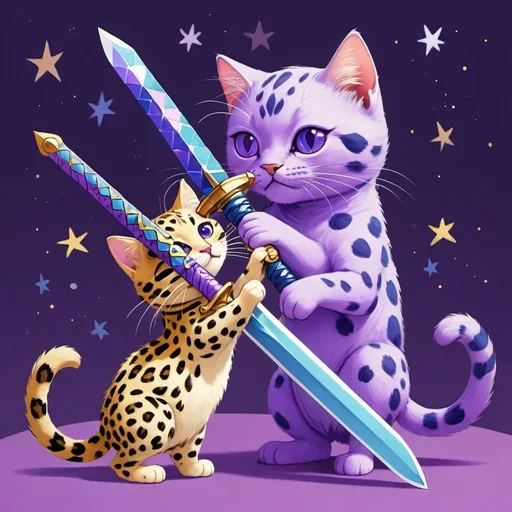 Prompt: a purple and blue sword  with stars on it       getting grabbed by a light purple cat with a leopard print