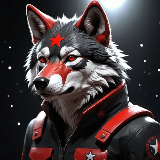 Prompt: black and red wolf vulpera, dark fur, anthropomorphic, full body, sci fi agent, uhd, photorealistic, very detailed behind the wolf is white black and red stars
