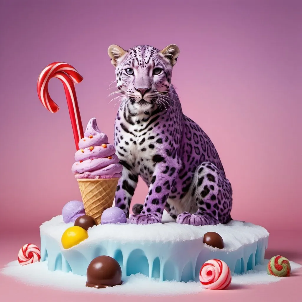 Prompt: a light purple leopard on a candy island made of ice cream, lollypops, chocolate bars, and candy canes