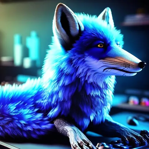 Prompt: Realistic 3D rendering of a blue fox, vibrant blue fur with silver highlights, playing video games in a cozy living room, intense focus, console controller in paw, colorful gaming setup, high-res, detailed fur, realistic lighting, 3D rendering, professional, cozy atmosphere