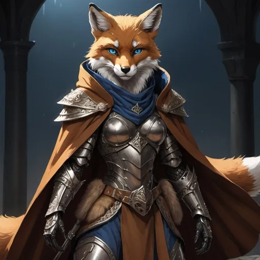 Prompt: (masterpiece),fox (best quality:1.2), (intricate detail), dynamic angle, looking at viewer, (1female), ((solo)), (((full body))), (slender), (((tabaxi))), (((black and brown fur))), ((blue pupils)), (((light armor))), black armor, ((cloak)), mysterious, ((ominous expression)) fox
