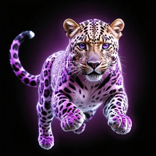 Prompt: a glowing light purple leopard flying detailed hyper realistic