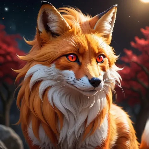 Prompt: warrior (fox) with {bright scarlet fur} and {ruby red eyes}, feral fox, kitsune, nine-tailed lion, gorgeous anime portrait, beautiful cartoon, beautiful 8k eyes, elegant {red fur}, four-legged, quadruped, pronounced scar on chest, oil painting, modest, gazing at viewer, fiery red eyes, glistening golden hair, furry golden paws, low angle view, 64k, hyper detailed, expressive, graceful, beautiful, small lithe cat, expansive silky golden mane, shining fur, deep starry sky, UHD background, golden ratio, precise, perfect proportions, vibrant colors, standing majestically on a tall crystal stone, hyper detailed, complementary colors, UHD, HDR, top quality art, beautiful detailed background, unreal 5, artstaion, deviantart, instagram, professional, masterpiece (lots of red gold and orange) also the fox is (hallowing)
