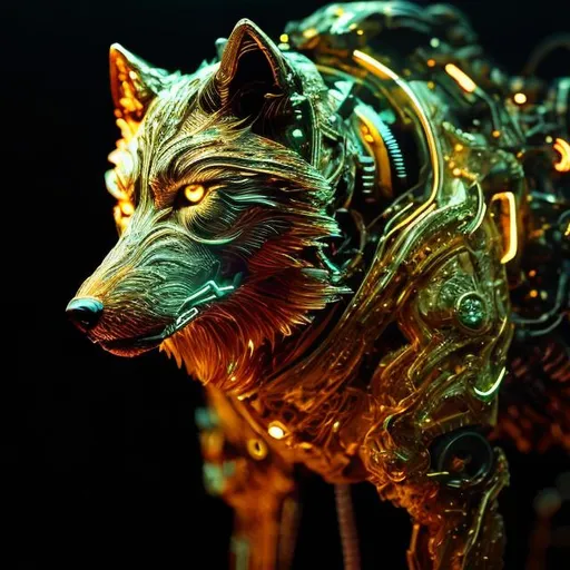 Prompt: Bright gold sci-fi wolf, metallic sheen, futuristic neon glow, intricate mechanical details, high quality, ultra-detailed, sci-fi, cyberpunk, gold tones, futuristic, neon lighting