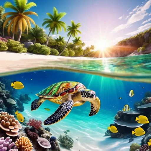 Prompt: tropical beach beautiful clear water and colorful reefs lots of turtles in the water and fish sun set nice green palm trees very very (beautiful) hyper realistic detailed NO people 