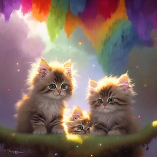 Prompt: Cute, rainbow-themed illustration of fluffy kittens, magical jam circles, realistic, extremely detailed, Krenz Cushart, loish, Gaston Bussiere, Craig Mullins, J.C. Leyendecker, Artgerm, perfect features, magical rainbow circles, fluffy design, high detail, realistic, rainbow colors, magical atmosphere, professional, vibrant lighting, highres, ultra-detailed, colorful, cute design