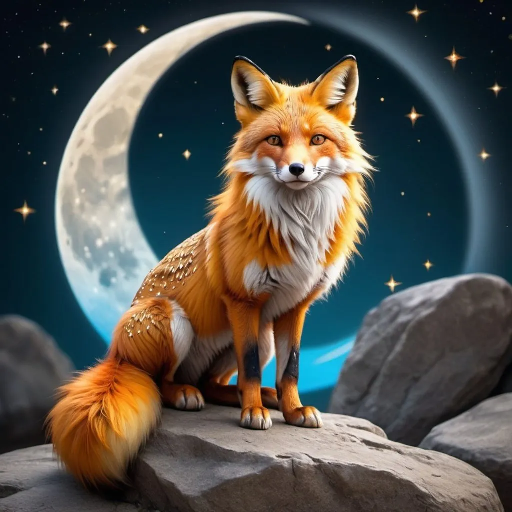 Prompt: (golden fox with orange on its tail and face/accents of orang but mostly gold, the fox has a red and gold crawn lots of stars in the sky detailed hyper realistic a little like anima the fox is sitting on a rock bright light blue moon behind the fox) fluffy,  Beautiful, silver eyes,