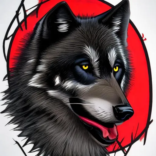 Prompt: black wolf with accents of red detailed