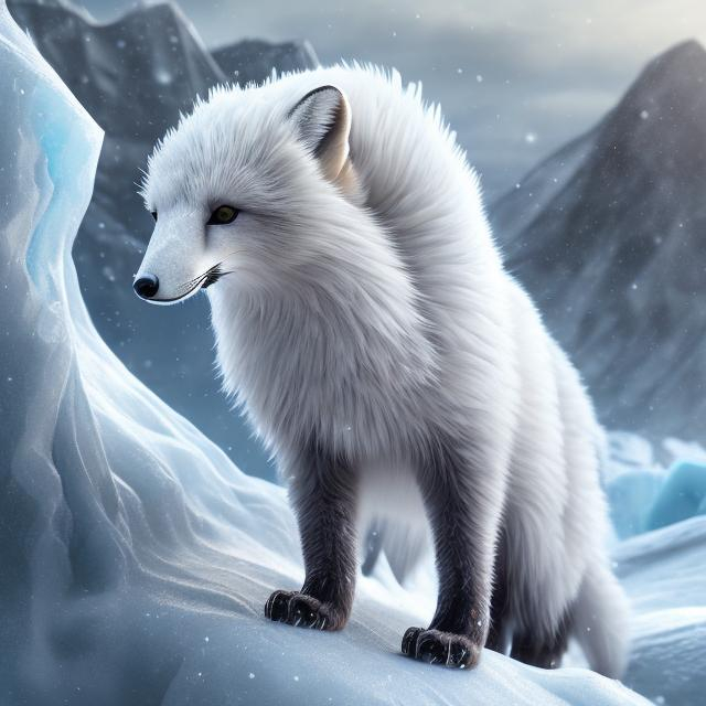 Prompt: White ice fox in Arctic, snow mountains in the background, ice particles, highres, ultra-detailed, digital painting, cool tones, detailed fur, icy atmosphere, snowy landscape, realistic, Arctic setting, majestic, mystical, icy reflections, professional, atmospheric lighting