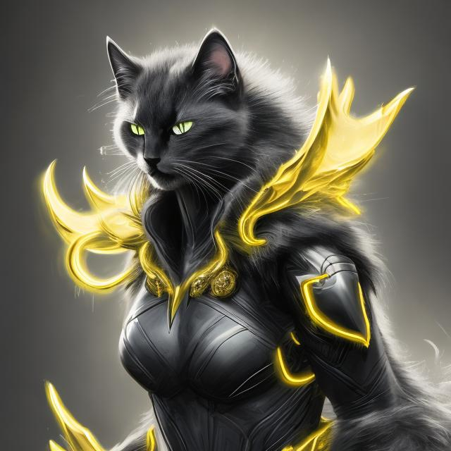 Prompt: Black cat with gray armor and yellow gems, detailed fur with sleek reflections, intense and mysterious gaze, high-tech armor, glowing yellow gemstones, highres, ultra-detailed, sleek design, professional, atmospheric lighting