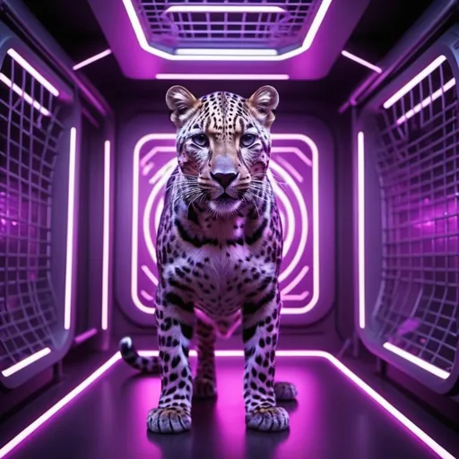 Prompt: light purple leopard inside futuristic laser cage full picture