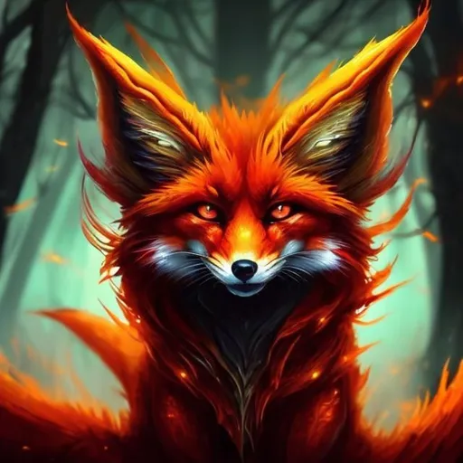 Prompt: Magical fire fox, digital painting, vibrant and fiery colors, mystical forest setting, intense and powerful gaze, translucent fiery fur, mystical, high quality, detailed, fantasy, ethereal, fiery, magical, vibrant colors, mystical forest, intense gaze, digital painting, powerful, translucent fur, professional, atmospheric lighting