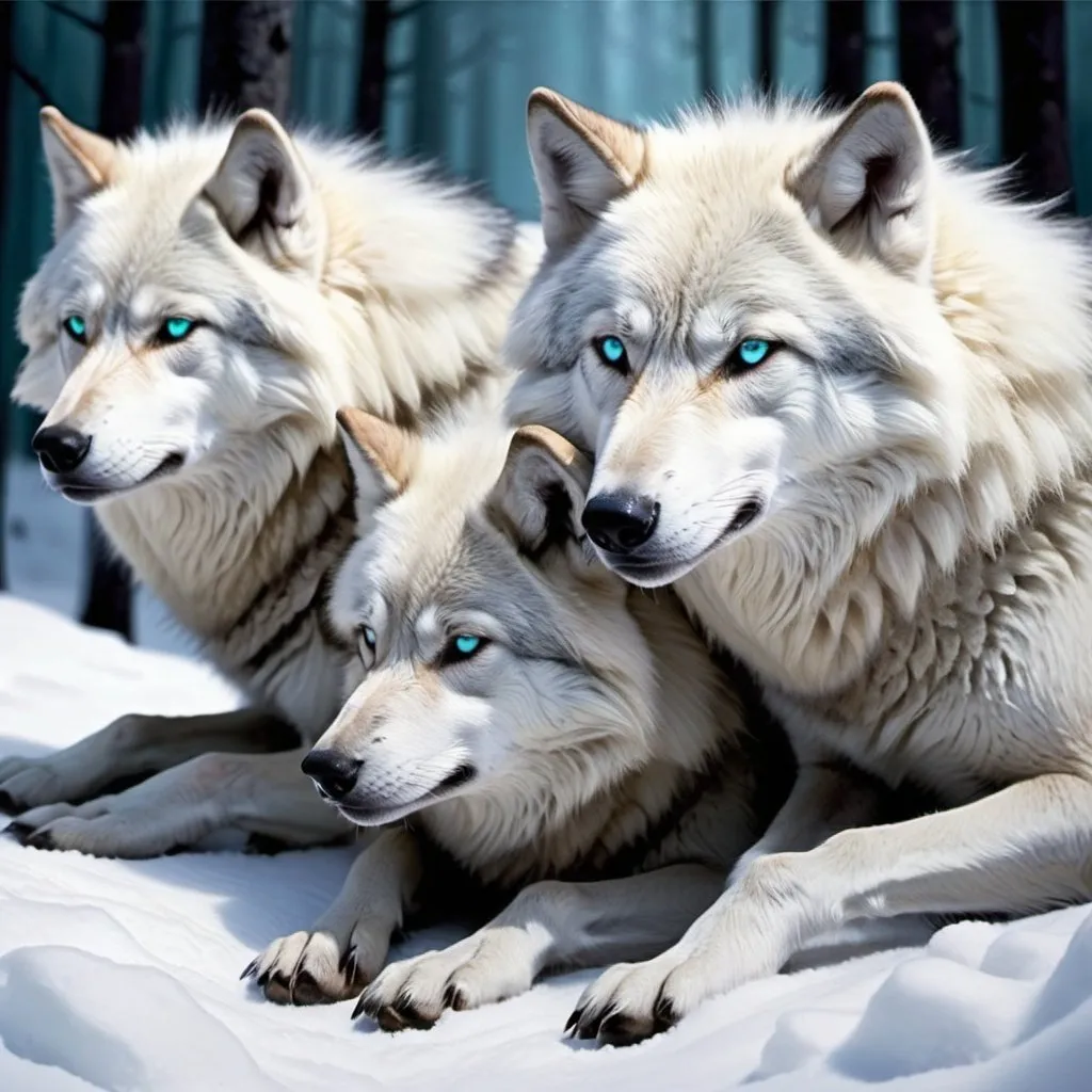 Prompt: white blue and purple wolf pack with some wolves sleeping' on snow fluffy detailed hyper realistic the wolves have light blue and green eyes bright glow in the lighting