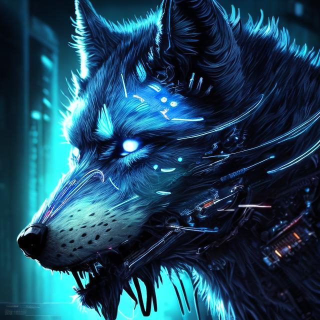 Prompt: Detailed sci-fi illustration of a dark blue wolf accents of light blue, futuristic setting, glowing neon lights, detailed fur with cool reflections, intense and focused gaze, high-tech cybernetic enhancements, best quality, highres, ultra-detailed, sci-fi, futuristic, detailed fur, intense gaze, cybernetic enhancements, cool tones, atmospheric lighting