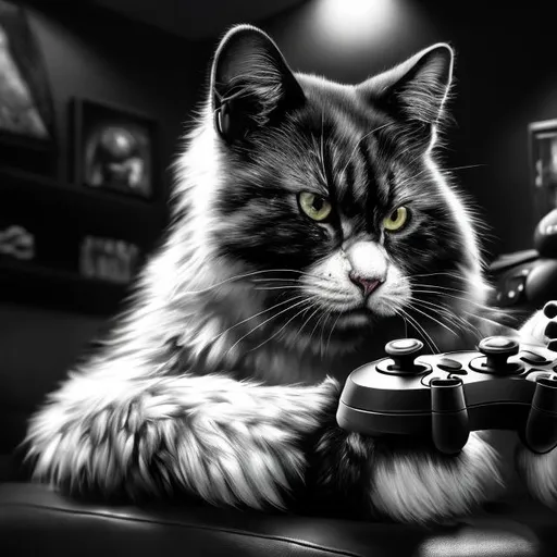 Prompt: Detailed black and white cat playing video games, realistic pencil drawing, intense focus, intricate fur patterns, high contrast, black and white, hyper-realistic, monochrome, detailed paws and claws, video game controller, immersive lighting