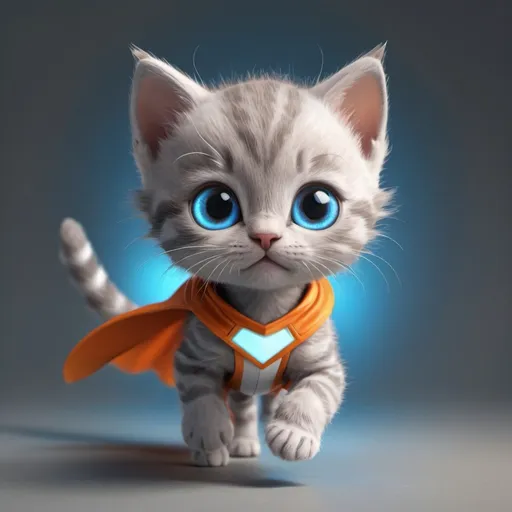 Prompt: gray kitten with whit stripes orange cape with and its walking and glowing blue eyes body floating animie