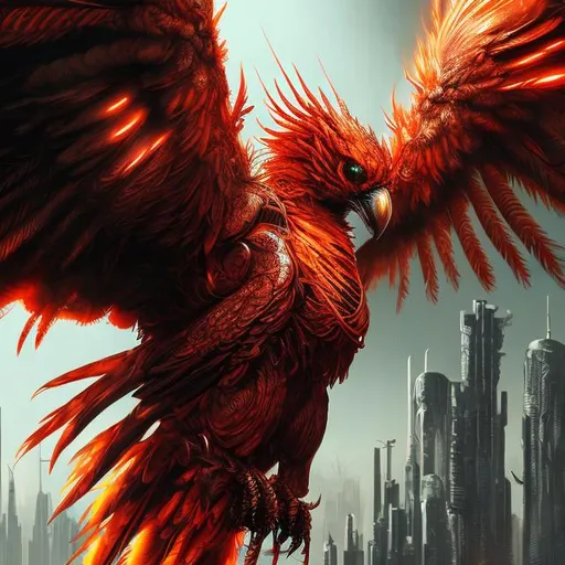 Prompt: High-res, ultra-detailed, sci-fi red Phoenix, intricate black accents, majestic wingspan, intense fiery gaze, futuristic setting, sleek and streamlined design, vibrant red tones, atmospheric lighting, detailed feathers, professional, digital art, cyberpunk, futuristic, intense