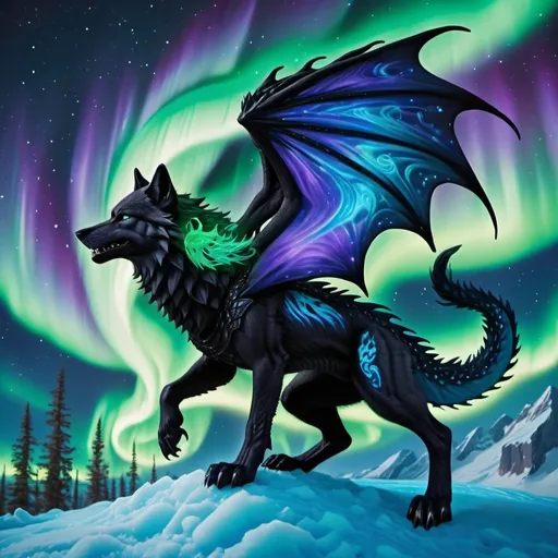 Prompt: black and blue wolf riding a green and purple fire dragon with some fire and northern lights detailed hyper realistic the black and blue wolf and the dragon are in the sky the ice dragon has wings and a dragon tail make sure it has two dragon wings and one tail the black and blue wolf is riding the dragon there should be no red orange or yellow. northern lights in the sky
