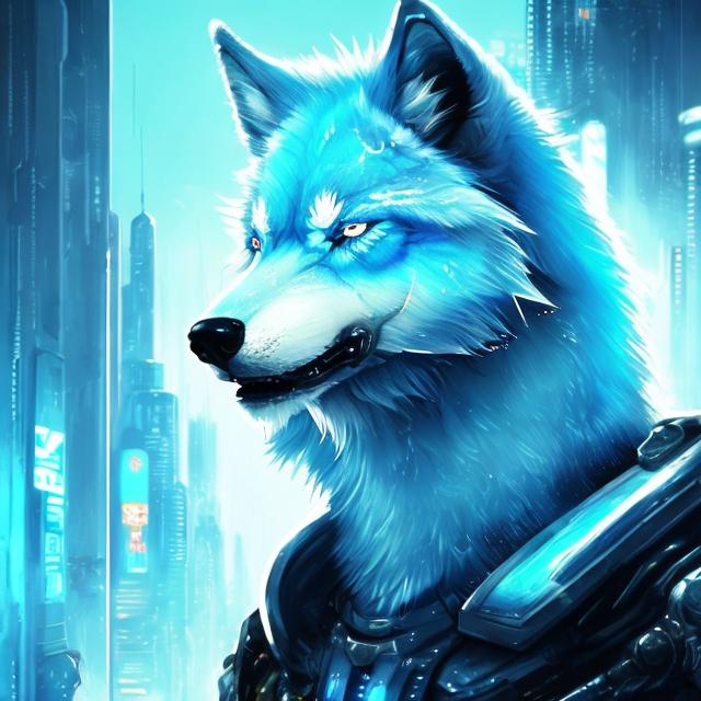 Prompt: High-quality digital artwork of a futuristic light blue wolf with blue highlights, detailed fur with metallic reflections, intense and focused gaze, sci-fi, cyberpunk, cool tones, futuristic, detailed eyes, sleek design, professional, atmospheric lighting