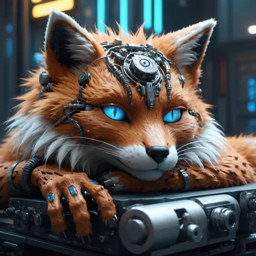 Prompt: Highly detailed foxpunk scene sleeping, hyper-realistic 4K rendering, volumetric lighting, HD quality, futuristic cityscape backdrop, mechanical feline with intricate joints and circuit patterns, cool-toned futuristic atmosphere, detailed fur with lifelike textures, cyberpunk aesthetic, ultra-detailed, volumetric lighting, professional rendering, HD, 4K blue eyes sleeping fluffy
