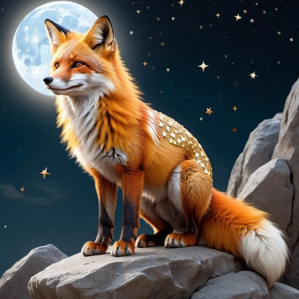 Prompt: (golden fox with orange on its tail and face/accents of orang but mostly gold, the fox has a red and gold crawn lots of stars in the sky detailed hyper realistic a little like anima the fox is sitting on a rock bright light blue moon behind the fox) fluffy,  Beautiful, silver eyes, the moon is not small but not big (medium)