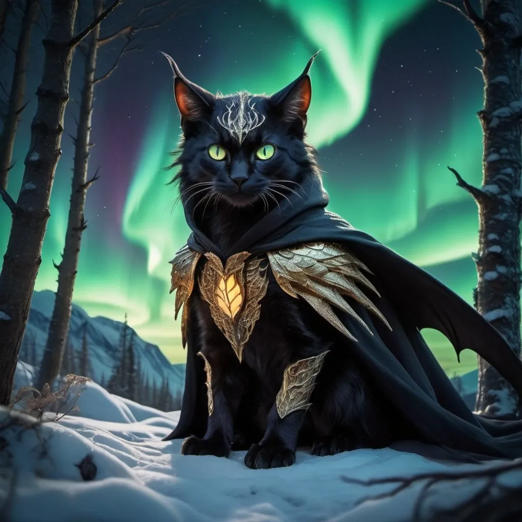 Prompt: wild cat dragon waring a black cloak warrior siting in hyper realistic fantasy forest future seen with northern lights above the wild cat waring a cloak warrior the wild cat dragon has two dragon wings cute detailed glowing gold eyes
