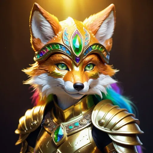 Prompt: Warrior fox with rainbow fur, bright green eyes, and gold armor, detailed fur with radiant reflections, fierce and confident expression, high-quality rendering, fantasy style, vibrant rainbow colors, majestic golden armor with intricate details, mystical atmospheric lighting